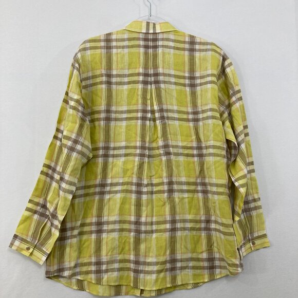 Lafayette 148 Large Parrot Green 100% Linen Plaid Relax Sabira Button Up Preppy - Picture 10 of 11
